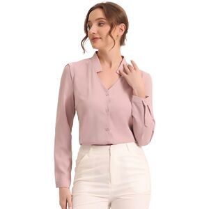 Blouse Button Up Long Sleeve V Neck Chiffon Shirt Grey Pink